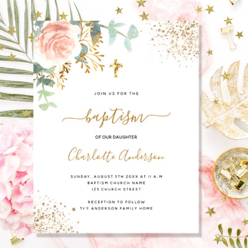 Budget baptism eucalyptus rose gold floral cross