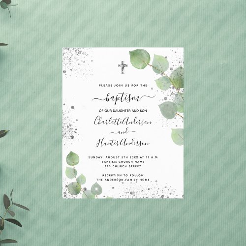 Budget baptism eucalyptus twins invitation