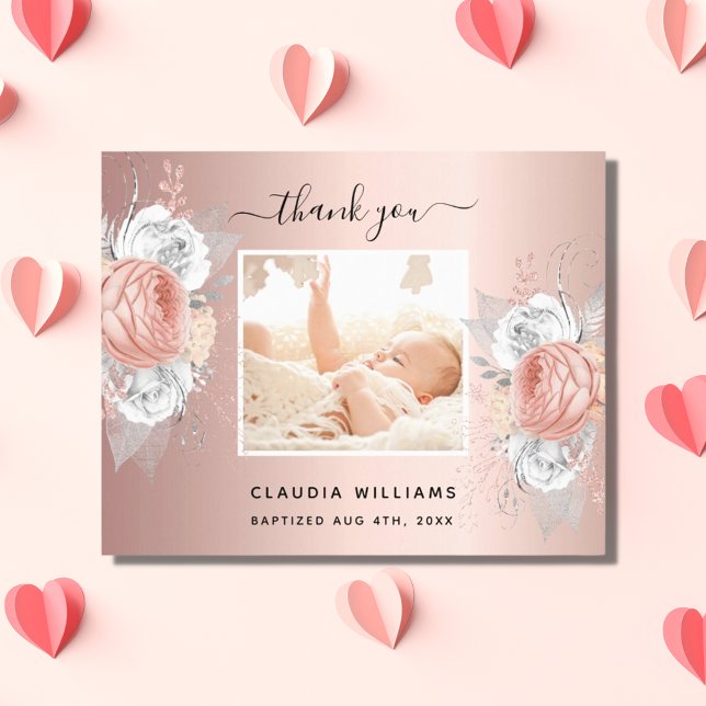 Budget baptism floral rose gold photo thank you (Creator Uploaded)