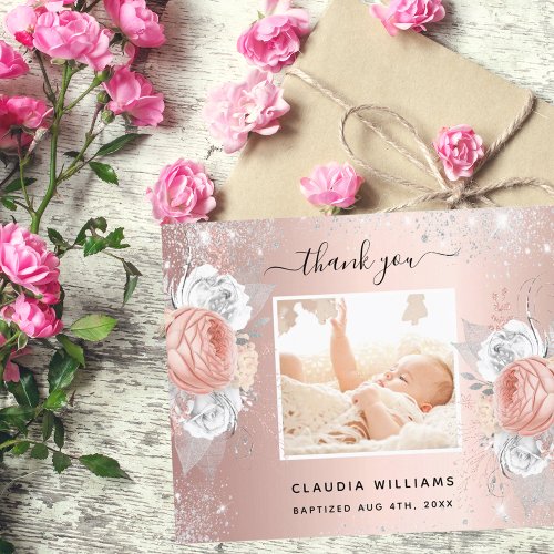 Budget baptism girl floral photo thank you card