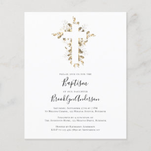 BUDGET Baptism Invitation Gold Eucalyptus Cross