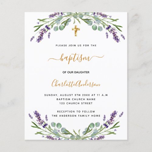 Budget baptism lavender eucalyptus invitation
