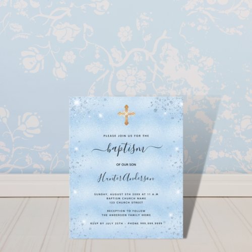 Budget baptism light blue baby boy invitation