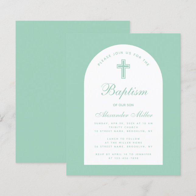 Budget Baptism Mint Arch Christening Invitation (Front/Back)