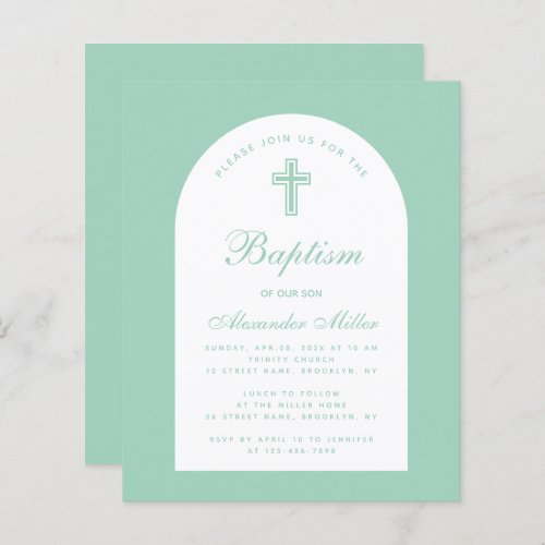 Budget Baptism Mint Arch Christening Invitation