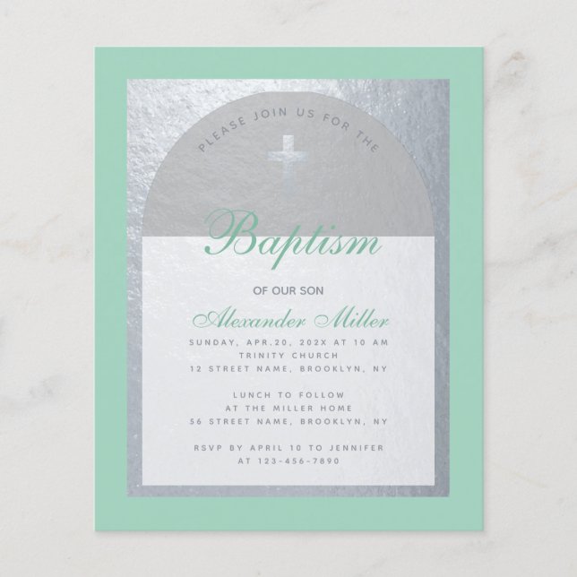 Budget Baptism Mint Green Faux Silver Invitation (Front)