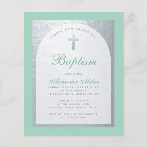 Budget Baptism Mint Green Faux Silver Invitation