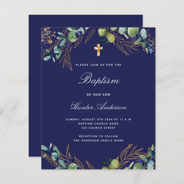 Budget baptism navy blue eucalyptus invitation (Front/Back)