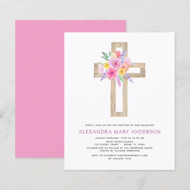Budget Baptism Pastel Floral Pink Rose Cross (Front/Back)