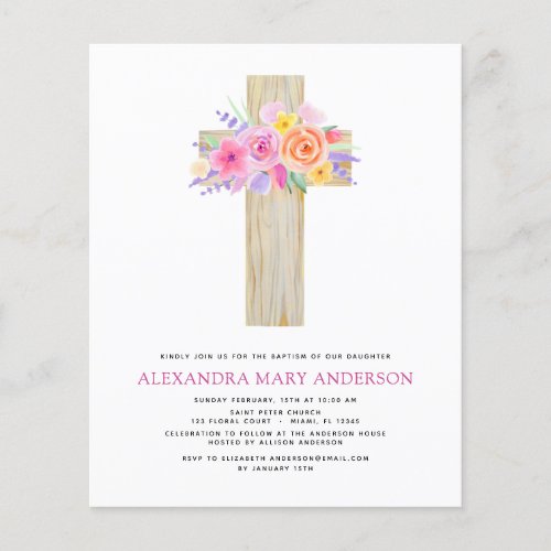 Budget Baptism Pastel Floral Pink Rose Cross Flyer