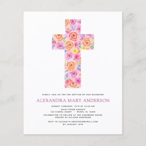 Budget Baptism Pastel Floral Pink Rose Cross Flyer