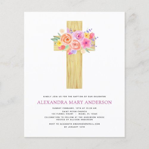 Budget Baptism Pastel Floral Pink Rose Cross Flyer