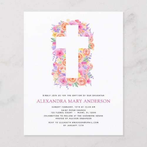 Budget Baptism Pastel Floral Pink Rose Cross Flyer