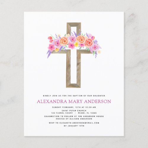 Budget Baptism Pastel Floral Pink Rose Cross Flyer