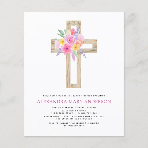 Budget Baptism Pastel Floral Pink Rose Cross Flyer