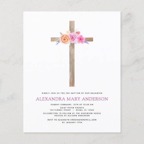 Budget Baptism Pastel Floral Pink Rose Cross Flyer