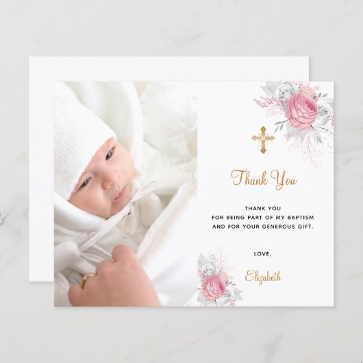 Budget baptism pink floral photo girl thank you (Front/Back)