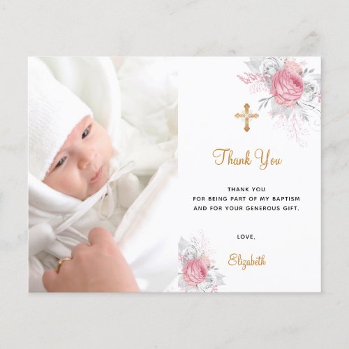 Budget baptism pink floral photo girl thank you