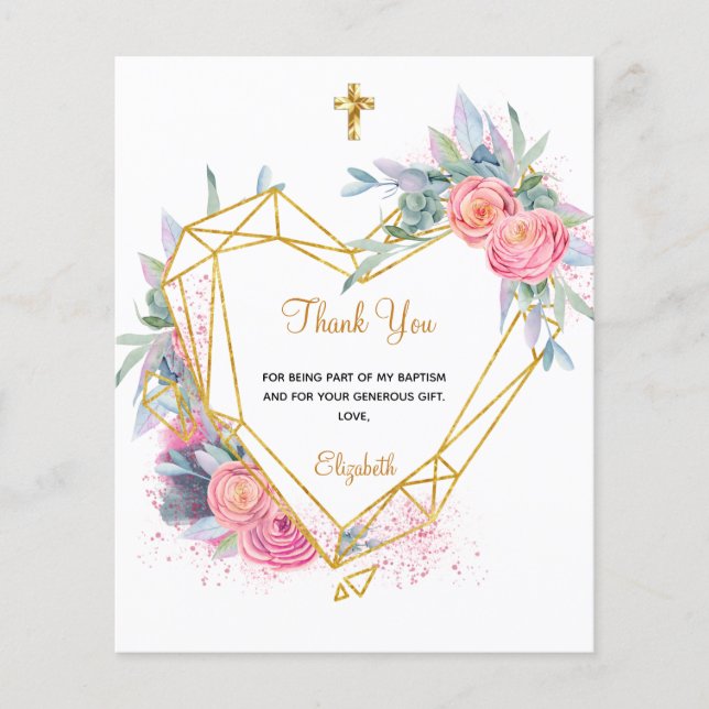 Budget baptism pink floral photo thank you (Front)