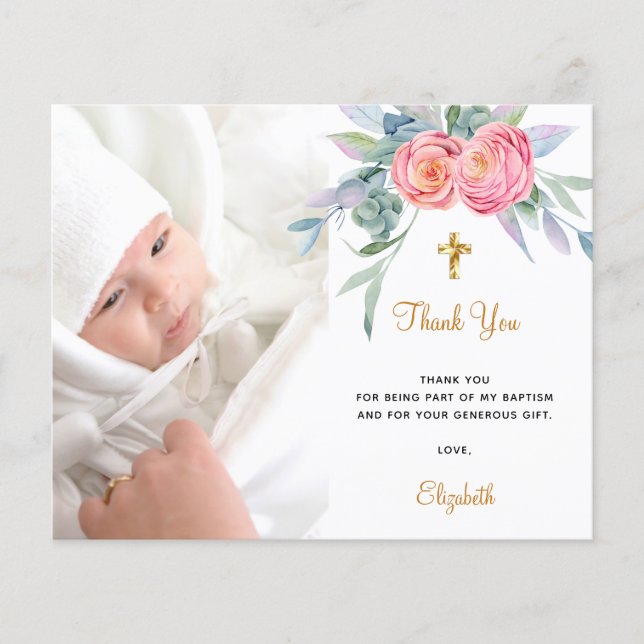 Budget baptism pink florals photo girl thank you (Front)