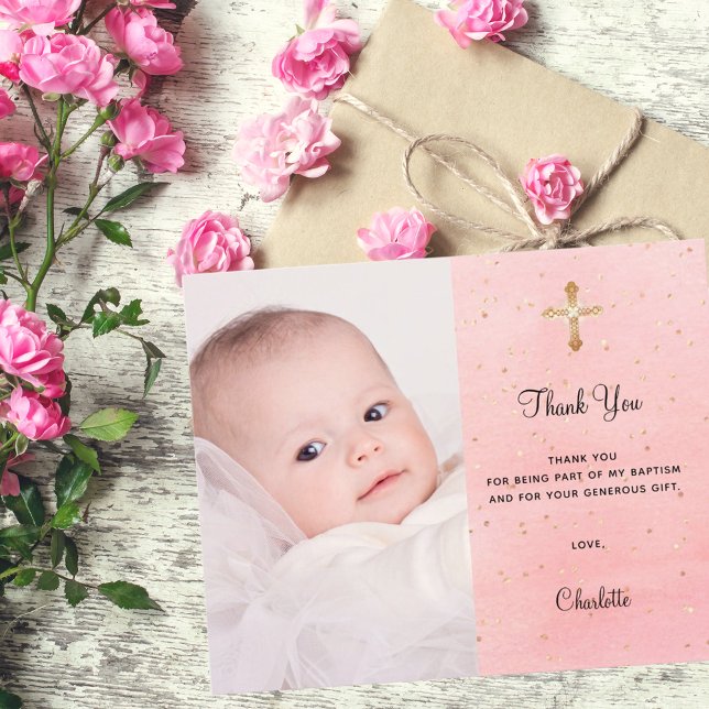 Budget baptism pink gold sparkles photo thank you (Creator Uploaded)