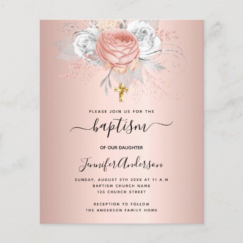 Budget Baptism rose gold florals girl invitation