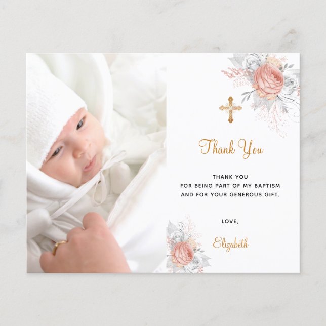 Budget baptism rose gold florals photo thank you (Front)