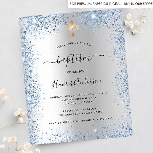 Budget baptism silver blue boy glitter invitation