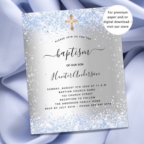 Budget baptism silver blue glitter boy invitation