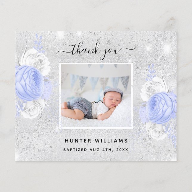 Budget Baptism silver blue photo boy thank you (Back)