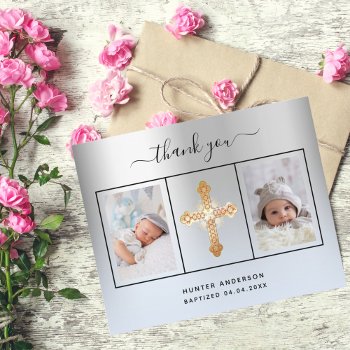 Budget Baptism Silver Blue Photo Thank You Card by Thunes at Zazzle