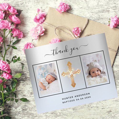 Budget baptism silver blue photo thank you card