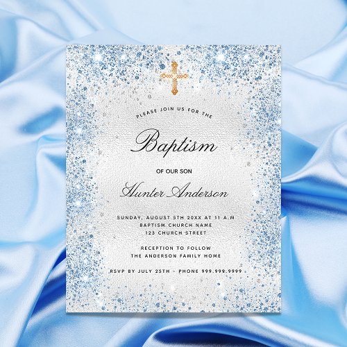Budget baptism silver glitter blue boy invitation