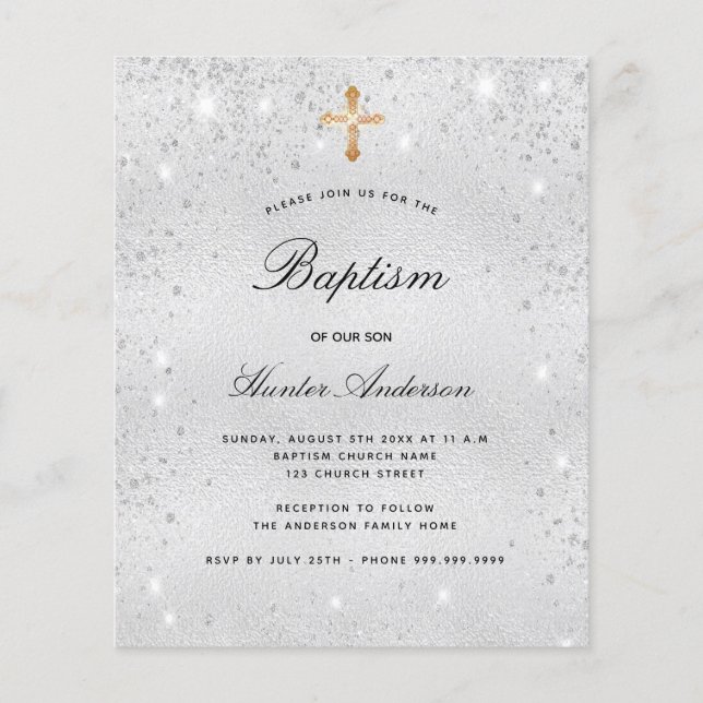 Budget baptism silver glitter boy girl invitation (Front)