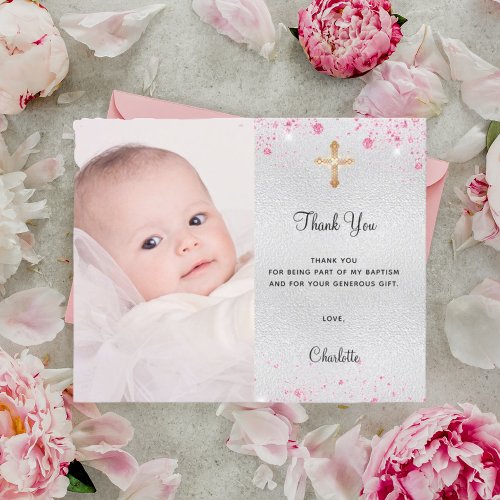 Budget baptism silver pink glitter photo thank you