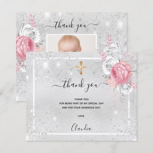 Budget Baptism silver pink photo girl thank you (Front/Back)
