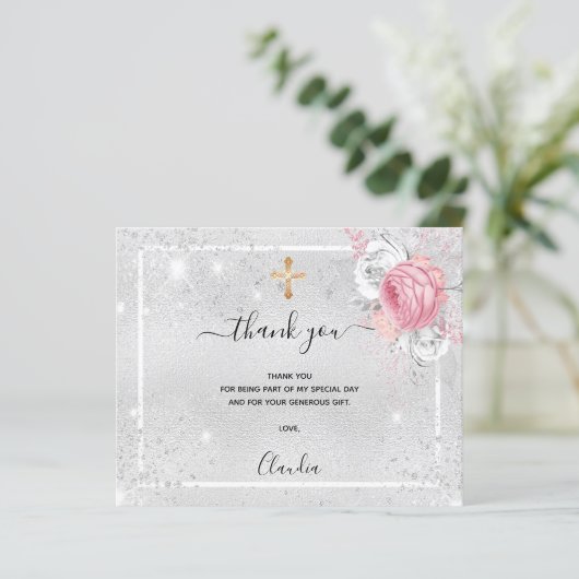 Budget Baptism silver pink photo girl thank you (Standing Front)