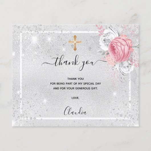 Budget Baptism silver pink photo girl thank you (Front)