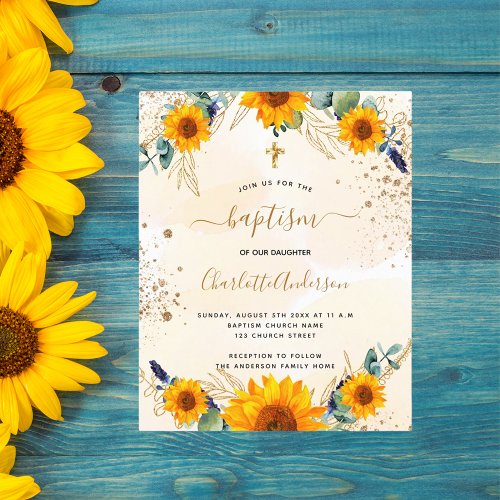 Budget baptism sunflowers eucalyptus gold glitter