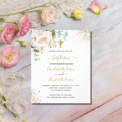 Budget baptism twins eucalyptus floral invitation