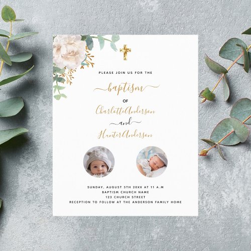 Budget Baptism twins white floral photo invitation