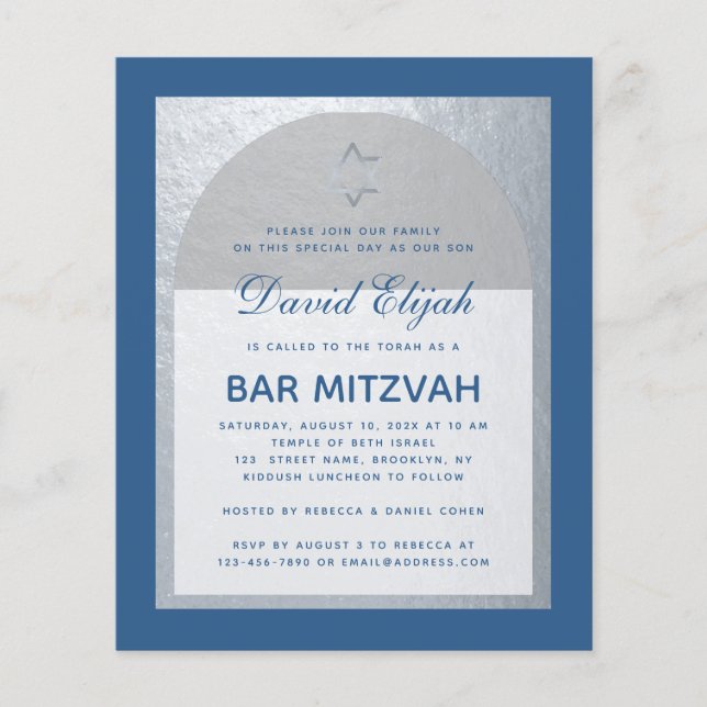 Budget Bar Mitzvah Classic Blue Silver Invitation (Front)