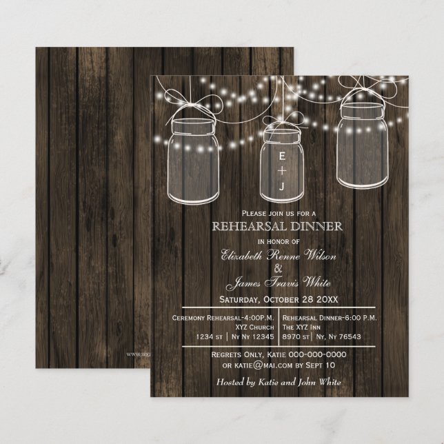Budget Barn Wood Mason Jar Rehearsal Dinner Invite (Front/Back)