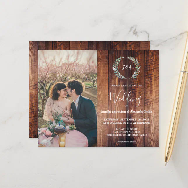 Budget barn wood monogram photo Wedding invitation | Zazzle