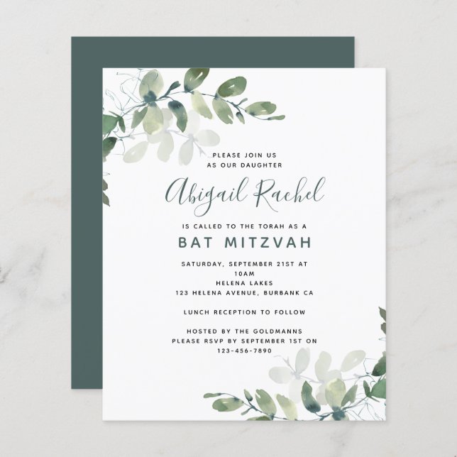 BUDGET Bat Mitzvah Eucalyptus Invitation (Front/Back)