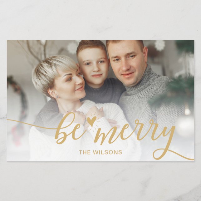 Budget Be Merry Script Gold photo Holiday Card (Front)