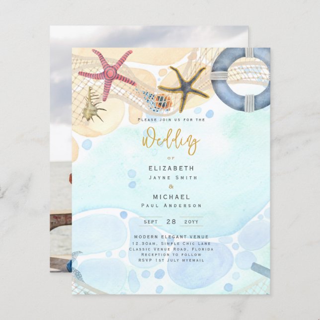 Budget Beach Coastal Photo Wedding Invitation (Front/Back)