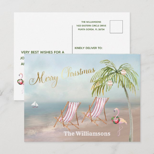 Budget Beach Flamingo Wreath Unique Christmas  Announcement Postcard (Front/Back)
