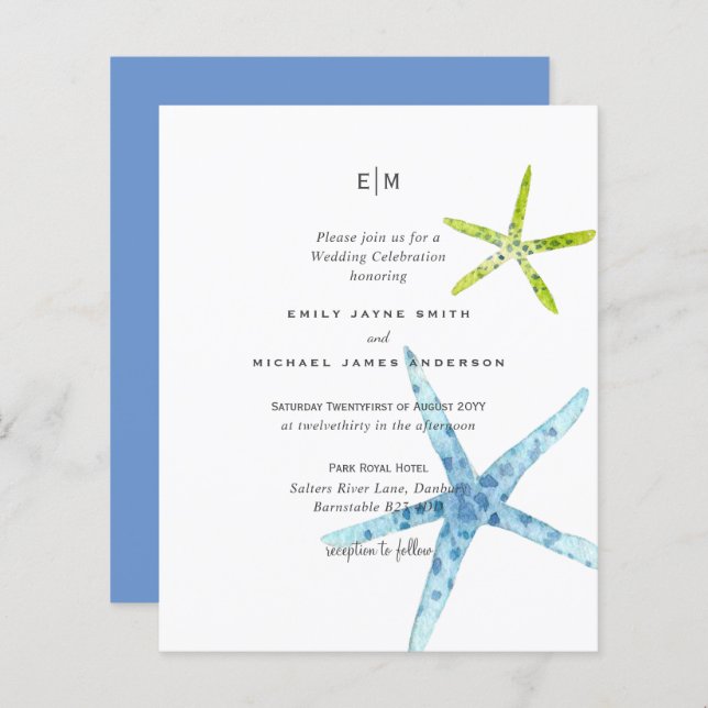 Budget Beach Life Blue Lime Wedding Invitations (Front/Back)