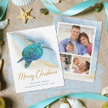 Budget Beach Sea Turtle 3 Photo Christmas Card<br><div class="desc">Save money with these budget coastal themed Christmas cards, on a cheaper paper and slightly smaller size. The tropical beach design features a watercolor turquoise blue sea turtle on an abstract beach background with a faux gold glitter sparkly wave and Merry Christmas script. On the back are 3 photo templates...</div>